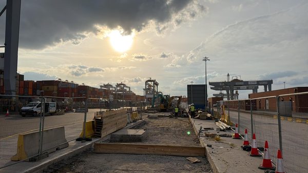Sunset panoramic of port groundworks site